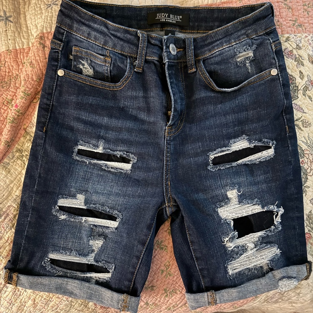 Judy Blue Dark Indigo Blue Denim Shorts with Distressing